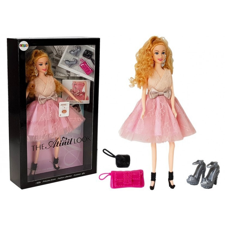 Bábika v šatách, s doplnkami 28 cm - svetlovlasá, ružová